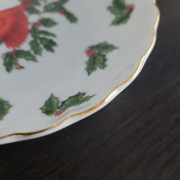 Lefton China Cardinal & Holly Scalloped Candy Dish Bowl 02966 Gold Rim Japan 5" - Picture 10 of 10